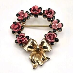 Vtg Avon Susan Parelman Signed 3D Pink Rose Wreath Pin Brooch Romance Cottagecor